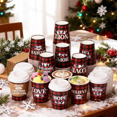 Imagem de Cunhill Conjunto de 100 xícaras de café descartáveis de Natal de 255 g com tampas e mangas em papel espesso durável para chocolate quente, cacau, bebidas frias, suprimentos de festa de Natal (elegante