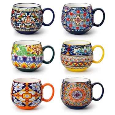 Imagem de vancasso Conjunto de 6 canecas de café, canecas de café de cerâmica de 473 ml, canecas de café de porcelana para cappuccino, latte, expresso, canecas de café coloridas com alça, canecas boho