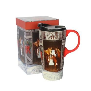 Imagem de Topadorn Caneca de cerâmica de Natal xícara de café de porcelana com tampa à prova de derramamento e caixa de presente, cavalos de férias