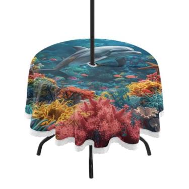 Imagem de ATTX Toalha de mesa redonda colorida de recifes de corais ao ar livre – 152 cm, impermeável, à prova de derramamento, uso interno/externo, com orifício para guarda-chuva com zíper para acampamento