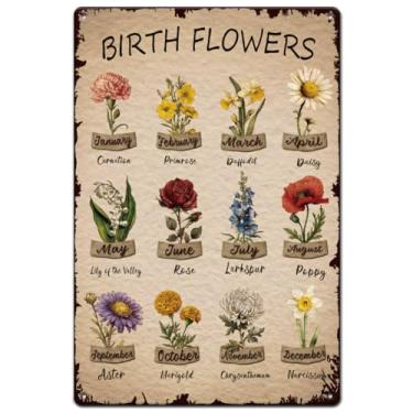 Imagem de SUPERDANT Flores de nascimento placas de metal flores mensais placas de estanho 12 estilos placas de parede jardim arte para homem caverna casa sala de estar quarto jardim bar pub decoração vintage