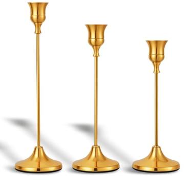 Imagem de NeteHon Conjunto de 3 castiçais, castiçais cônicos para velas cônicas de 2,7 cm de diâmetro, decoração vintage de Halloween, decorações de Ação de Graças e jantares de Natal (ouro)