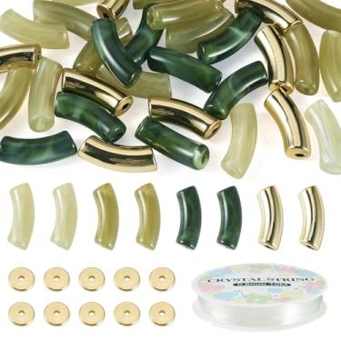 Imagem de Boutigem 32 peças de contas de tubo de acrílico curvadas grossas verdes douradas contas de macarrão 20 peças de 10 mm contas de disco redondo plano de latão com 1 rolo de fio de cristal elástico para