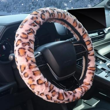 Imagem de ZHOL Capa de volante de carro de guepardo felpudo rosa para mulheres e meninas, protetor de roda de veículo fofo quente leopardo acessórios de carro para homens e mulheres, 38 cm, adequado para carros