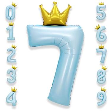 Imagem de AULE 7 balões grandes azuis claros de 101 cm com coroa grande número de hélio balões 0-9 jumbo gigante feliz 7º aniversário decorações de festa enorme Mylar artigos de festa de aniversário