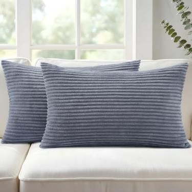 Imagem de Mecatny Conjunto de 2 capas de almofada decorativas de veludo cotelê 30 x 50 para sofá e sala de estar, capas de almofadas macias neutras para decoração de casa, azul e cinza