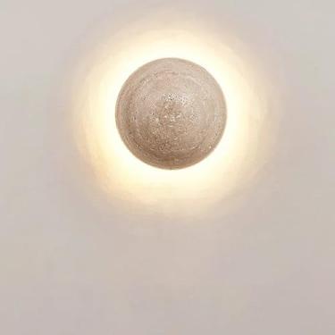 Imagem de Luminária de parede de cabeceira estilo nórdico creme, semicircular, LED 10W, pedra natural amarela, decoração de escada, luz ambiente.