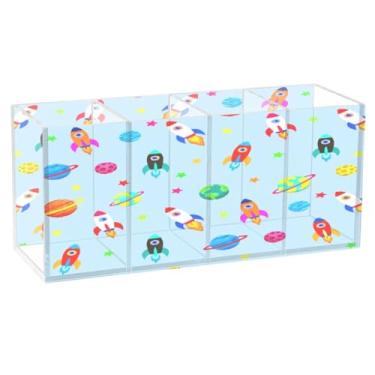 Imagem de CEBUGI Porta-lápis de acrílico com 4 compartimentos, organizador de lápis e foguetes coloridos, suporte de pincel de maquiagem para escritório em casa, escritório