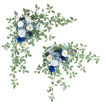 Imagem de Angela flower 2 peças de flores artificiais grinalda de casamento mesa central de mesa de boas-vindas placa de boas-vindas arranjo verde rosa azul e cinza guirlanda de eucalipto coração decoração de