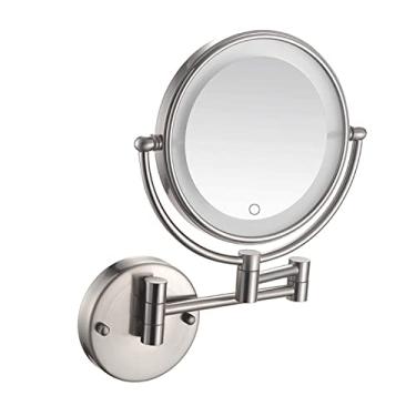 Imagem de LMJYU Espelho de maquiagem iluminado na parede, espelho cosmético dupla face de 20 cm, espelho de maquiagem extensível giratório de 360°, espelho de barbear com ampliação 3X/5X/7X/10X, formato redondo