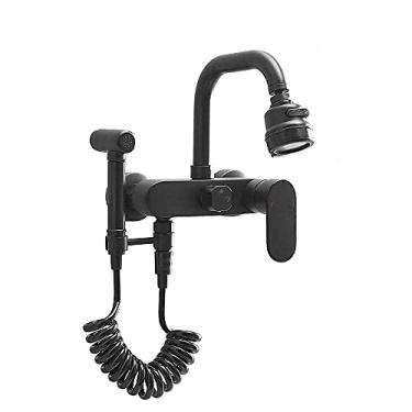 Imagem de LMJYU Torneira misturadora de cozinha preta montada na parede com pistola de pulverização e 2 tipos de aspersores torneira de cozinha rotativa quente e fria torneira de pia de cozinha