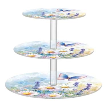 Imagem de CEBUGI Suporte de cupcake de 3 camadas, margaridas silvestres, suporte redondo para bolo, torre, bandeja de servir em camadas de acrílico para chá, chá de bebê, casamento e mais