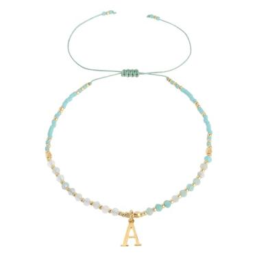 Imagem de Frigotine Pulseiras com inicial de pedra natural com contas douradas para mulheres e adolescentes, boêmio feito à mão verde escuro personalizado contas de pedra turquesa nome da letra pulseira