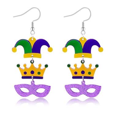 Imagem de Brincos pendentes de carnaval para mulheres com coroa de glitter colorido chapéu de bobo da corte máscara brincos de borla joias de carnaval para mulheres brincos de máscara de carnaval acessórios