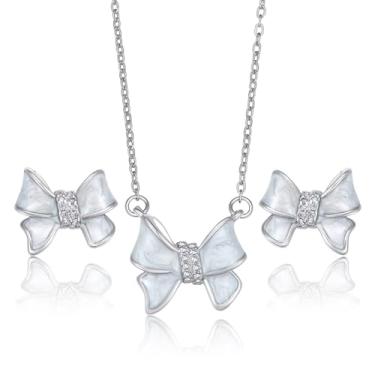 Imagem de MOLIDAY Conjunto de joias de zircônia cúbica com nó de laço, brincos de colar banhados a ouro 18K com gotejamento de resina, presente de dia dos namorados para mulheres, Adjustable, Metal, Zircônia