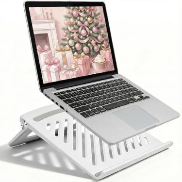 Imagem de KYQEE Suporte ajustável para laptop, rosa, design portátil dobrável, silicone antiderrapante, resfriamento ventilado, suporte ergonômico para mesa (branco)
