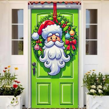 Imagem de BlissYard Capa de porta de Natal, guirlanda de rosto de Papai Noel, 89 x 188 cm, fundo de cabine de fotos festiva para festas de fim de ano, faixa para porta da frente, tecido de poliéster, decoração
