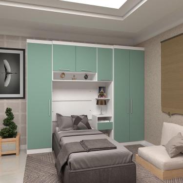 Imagem de Quarto De Solteiro Com Guarda Roupas E Mesa De Cabeceira Alpes Luciane Móveis Branco Pf Com Verde Pf