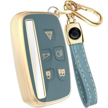 Imagem de Lucrum Compatível com capa de chaveiro Range Rover e chaveiro de couro, capa de chaveiro TPU para Jaguar XE XJ XF para Land Rover Sport Velar Evoque Discovery - azul e dourado