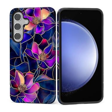 Imagem de Kapadiy Capa para Samsung Galaxy S25 FE, design de flor roxa de vidro manchado, proteção dupla híbrida de silicone + capa de corpo inteiro à prova de choque de policarbonato rígido, capa protetora