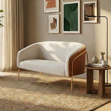 Imagem de Sofá Namoradeira Stella Industrial Alta Dourada Sintético PU Nozes Linho Cinza D03 - D'Rossi