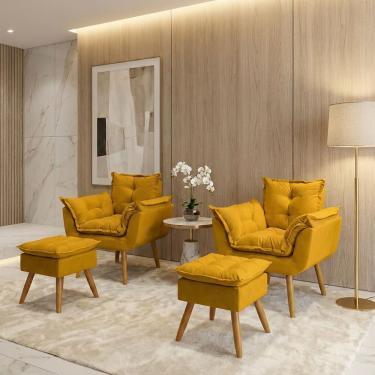 Imagem de Kit 2 Poltronas Decorativa e 2 Puffs Para Sala Recepção Manicure Consultório Quarto Alice Tecido Suede