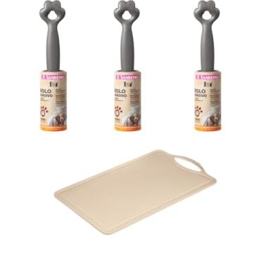 Imagem de Conjunto de 1 Tábua Bege Plástica de Corte para Alimentos + 3 Rolo Adesivo Tira Pelos Pet 60 Folhas