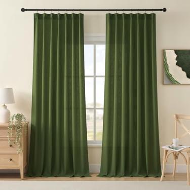 Imagem de Cortinas verdes profundas de linho espesso, 246 cm de comprimento, para sala de estar, quarto, cortinas plissadas com ganchos, anéis, aba traseira, filtro de luz no chão do teto