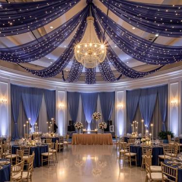 Imagem de FrohFest 6 painéis de cortinas de teto azul escuro com luzes para casamentos – 1,5 m x 3 m, tecido de tule sem rugas, arco de casamento, drapeado, cortinas de teto, decorações para festa de casamento