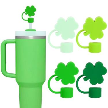Imagem de Whaline 4 peças de tampa de palha de Dia de São Patrício reutilizável de silicone topo de canudos pastel gradiente verde trevo 10 mm/0,4 polegadas protetor de tampa de ponta de canudo para copo de 30