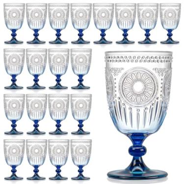 Imagem de XUWAIDSGN 24 peças de copos de vinho vintage de plástico 382 g copos de cálice em relevo azul gradiente retrô copos de vinho inquebráveis taças de água champanhe para coquetel de vinho, suco de