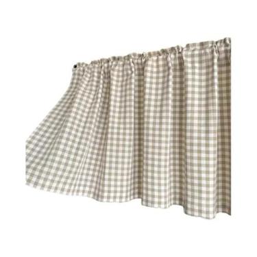Imagem de Cortina Curta Bege Xadrez Gingham Com Valance, Filtragem De Luz, Decor