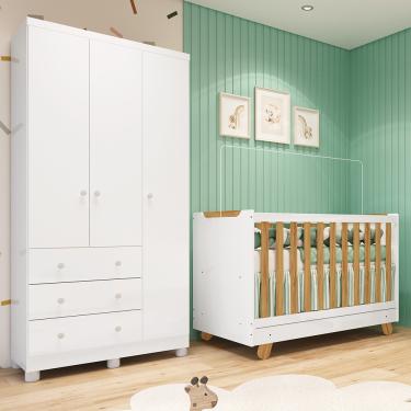 Imagem de Quarto de Bebê com Guarda-roupa 3 Portas e Berço 4 em 1 Minicama em MDF Zuri Móveis Peroba - Branco Brilho/Amendoa/Branco Brilho