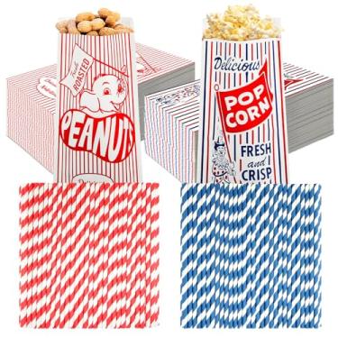 Imagem de Marspark 400 peças de papéis, sacos de pipoca e amendoim com canudos de papel vermelhos e azuis, embalagem de embrulho vermelho, branco, verde, para verão, circo, tema carnaval, artigos de festa de