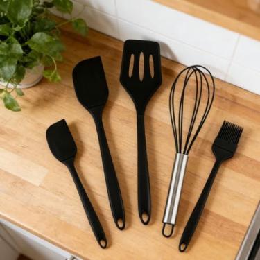 Imagem de Conjunto de espátulas de silicone preto, 6 peças, utensílios de cozinha de grau alimentício com raspadores, escova espalhadora para panelas antiaderentes