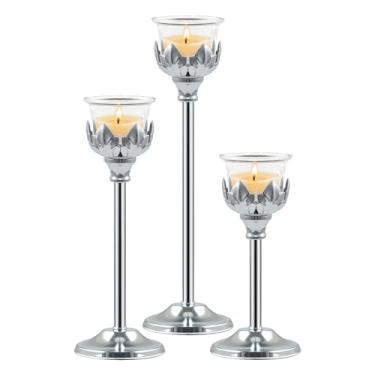 Imagem de Conjunto de 3 castiçais de metal para luz de chá com 3 copos de vidro, peça central de candelabro elegante de 30/20/20.3 cm para decoração de mesa de casamento, decoração de festa em casa em camadas