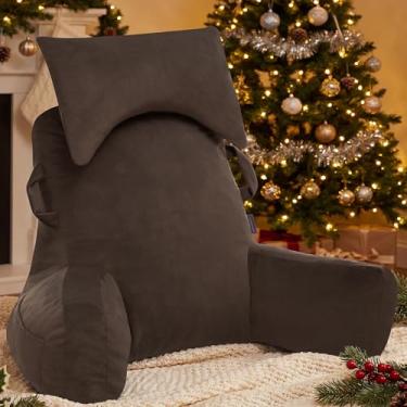 Imagem de Unisakey Travesseiros de leitura portáteis com encosto de cabeça para cama sentado (marrom), travesseiro de costas com braços e bolsos para adultos, almofada de cama de espuma viscoelástica para