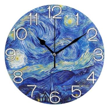 Imagem de GAIGEO Relógio de parede decorativo analógico operado por bateria relógio de sala de aula, arte de parede boho, decoração de casa, redemoinho, noite estrelada, azul, 25 cm, ponteiros pretos