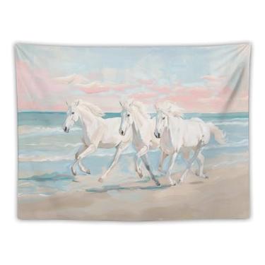 Imagem de Cavalo branco em chapéu de cowboy rosa tapeçaria de parede peculiar decoração animal de fazenda arte de fundo pastel para sala de estar quarto dormitório rústico país pendurado acento brincalhão 152 x