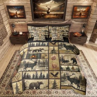Imagem de Erosebridal Conjunto de edredom rústico ocidental com 7 peças, Queen, para caça, rural, patchwork, urso, veado, alce, alce, águia, em uma bolsa, animais da floresta, animais selvagens, conjunto de