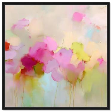 Imagem de Arte de parede para sala de estar com impressão em tela rosa e Chartreuse II por Art Remedy, moldura preta, 50 x 50 cm