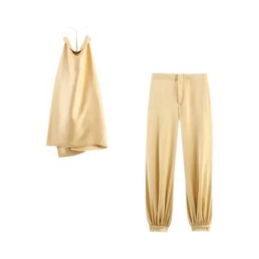 Imagem de Conjunto De Calças Jogger De Cetim Chic Para Mulheres, Top Curto Sem M