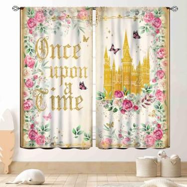 Imagem de Cortinas de princesa para quarto de meninas, Once Upon a Time Magic Gold Castle Romantic Pink Watercoror Floral Fairy Dreaming Window Drapery Treatments for Living Room Home Bathroom 2 Painéis, 139.7