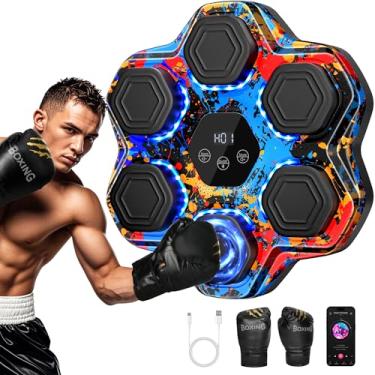 Imagem de TGLLM Máquina de boxe musical, máquina de boxe inteligente Bluetooth com luvas, treinador de perfuração musical montado na parede para crianças e adultos, equipamento de treino eletrônico de LED com 9