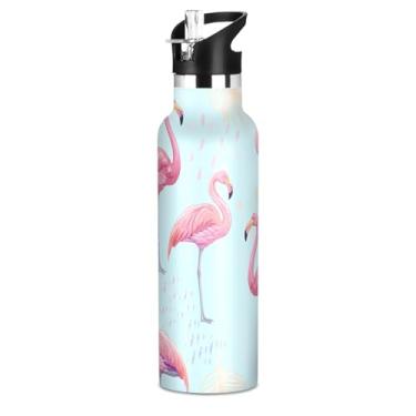 Imagem de Elegante garrafa de água flamingos rosa azul para meninas e crianças garrafas de água de aço inoxidável à prova de vazamento copo de viagem isolado copo de viagem com tampa de canudo para bebidas