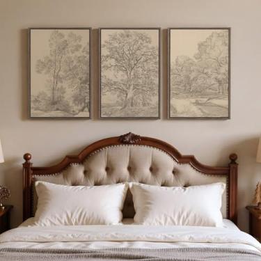 Imagem de Conjunto de 3 desenhos de árvore vintage emoldurados para quarto, paisagem neutra arte em tela marrom antiga para paredes, decoração de parede rústica floresta Wabi Sabi para sala de estar, corredor