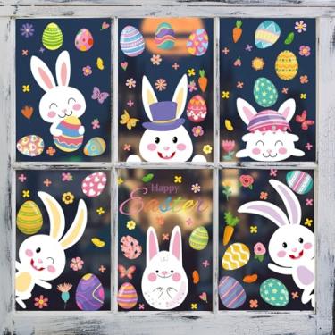 Imagem de Adesivos de janela de Páscoa – 9 folhas, ovos de Páscoa e adesivos de janela de coelho | Adesivos de mola com impressão dupla para portas de vidro, decorações de casa e sala de aula | Decalques de