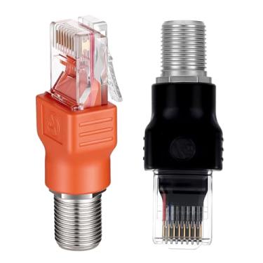 Imagem de Alrhso Conversor coaxial fêmea tipo F para macho RJ45, adaptador Ethernet F fêmea para RJ45 macho, conector reto coaxial preto e laranja acoplador coaxial conector reto