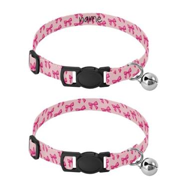 Imagem de SEHANY Conjunto de 2 coleiras de cachorro com laço rosa fofo, fivela de plástico resistente, leve, macia e leve, com sino pequeno, coleiras personalizadas com nome de animal de estimação para meninos