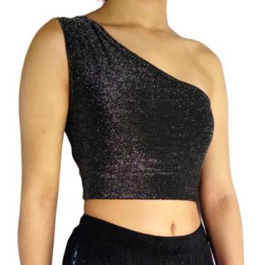 Imagem de Top Feminino Cropped Regata Um Ombro Só Mula Manca Liso Lurex Pp ao Pl